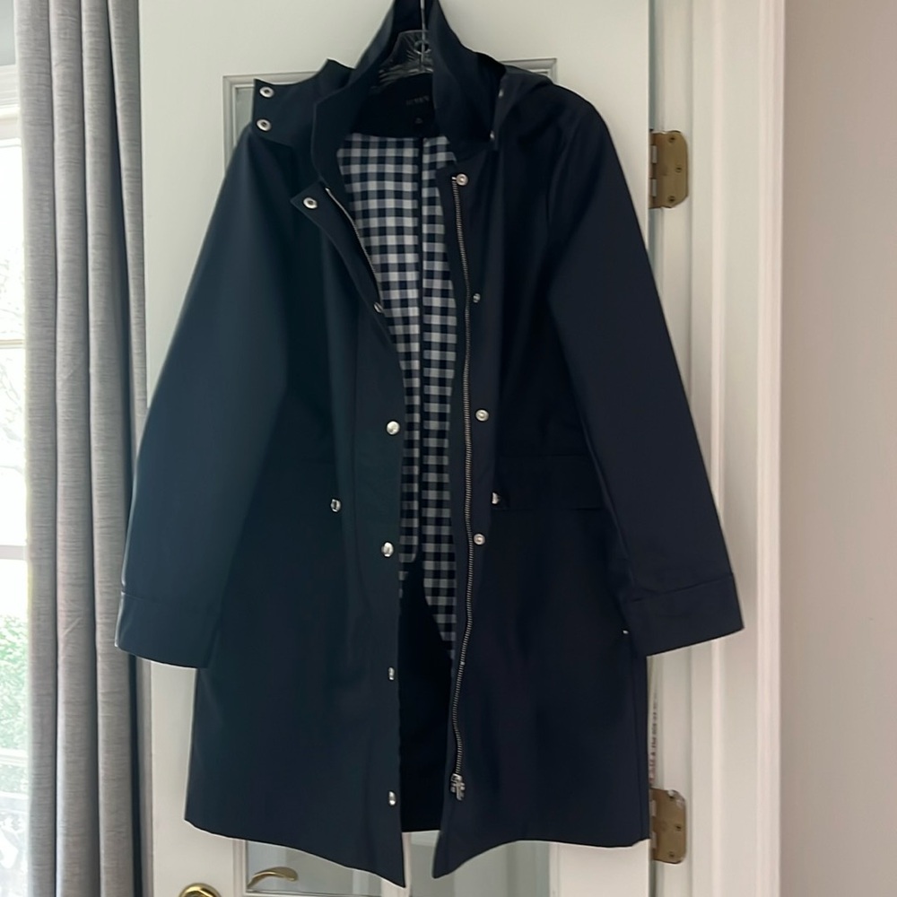 Jcrew womens classic hooded raincoat navy size M